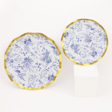 25 Pack | 8" White / Blue Chinoiserie Disposable Salad Plates With Gold Wavy Rim, Floral Round Paper Appetizer Dessert Party Plates