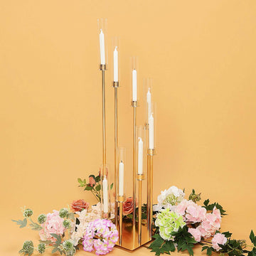 8 Arm Cluster Taper Candle Holder Gold - Stunning Large Candle Arragement With Clear Glass Shades for Grand Banquets & Celebrations 42"