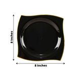 10 Pack | 8inch Black / Gold Wavy Rim Modern Square Plastic Dessert Plates, Disposable Salad Plates