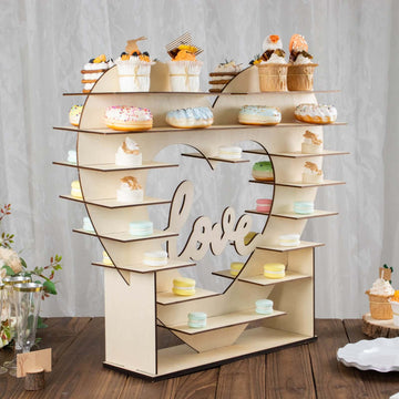 8-Layer Wooden Dessert Display Stand Heart Shaped Double Sided Design Natural - "Love" Cupcake Shelf Table Rack 26"