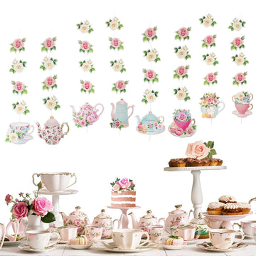 8 Pack Double Sided Floral Tea Party Paper Garland, 40" Pre-Assembled Mixed Teapot Banner Hanging Decorations