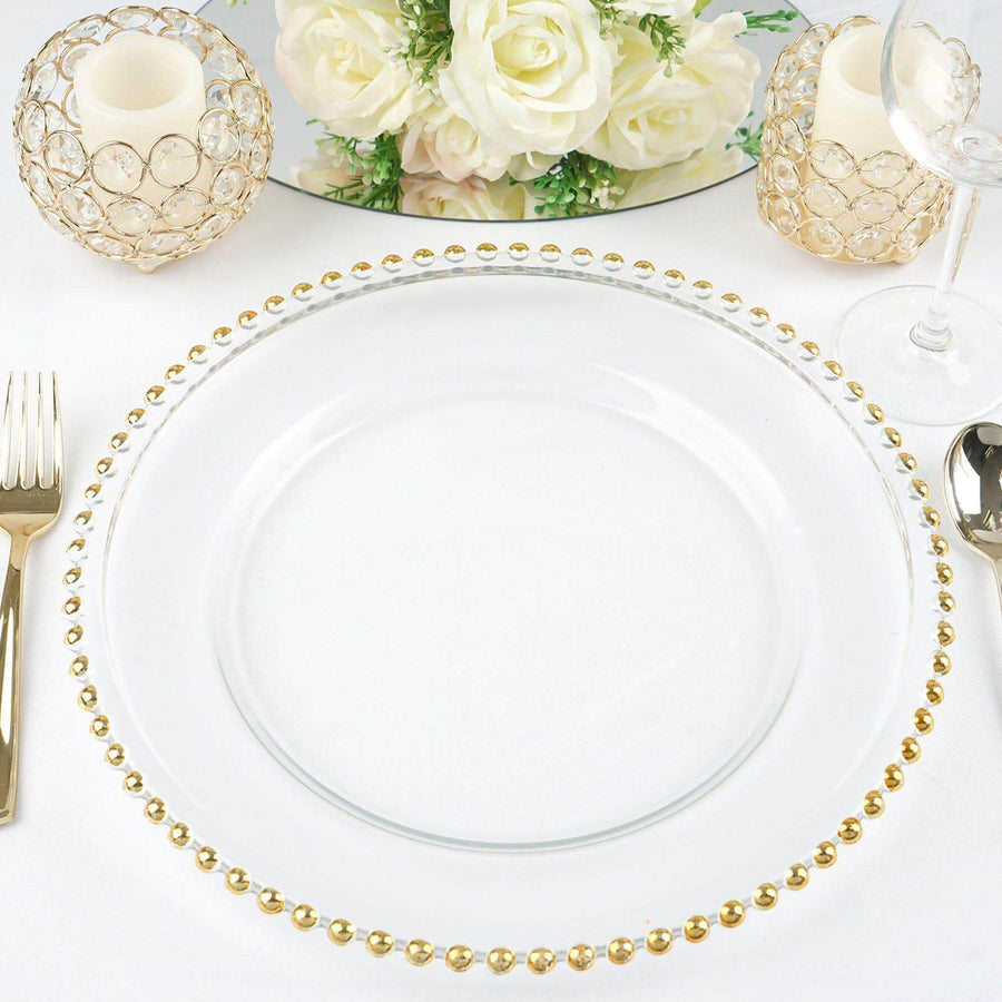 8 Pack | 12inch Gold Beaded Round Glass Charger Plates, Event Tabletop Decor