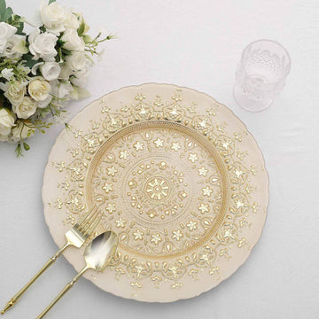 8-Pack Glass Round Charger Plates 13" in Gold with Monaco Style Ornate Design, Classy Decorative Dinner Chargers