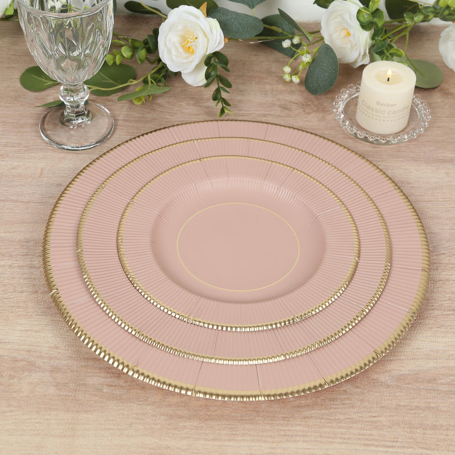 25-Pack Paper Round Dessert Plates in Dusty Rose Sunray Design with Gold Rim