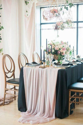 Blush Chiffon Runner over a Navy Tablecloth