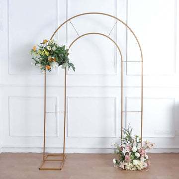 8ft Tall Gold Metal Round Top Double Arch Wedding Arbor Ceremony Stand, Flower Balloon Frame Backdrop Stand