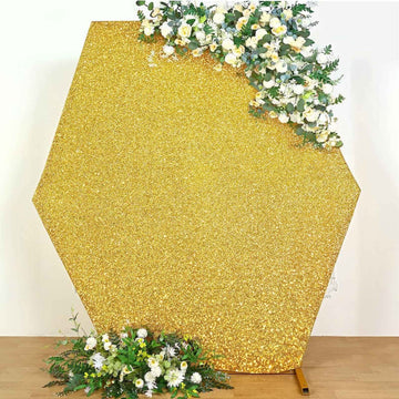 8ftx7ft Gold Metallic Shimmer Tinsel Spandex Hexagon Wedding Arbor Cover, 2-Sided Backdrop