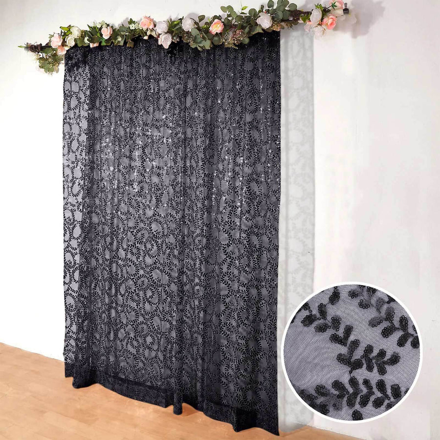 8ftx8ft Black Embroider Sequin Event Curtain Drapes, Sparkly Sheer Backdrop Event Panel Embroidery