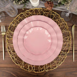 9inch Dusty Rose Heavy Duty Disposable Dinner Plates Gold Ruffled Rim, Plastic Dinnerware