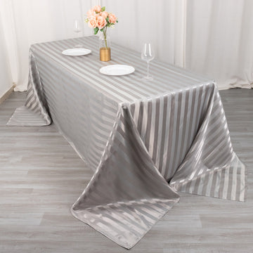 90"x132" Silver Satin Stripe Seamless Rectangular Tablecloth