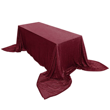 90x156" Burgundy Seamless Sequin Rectangle Tablecloth for 8 Foot Table With Floor-Length Drop