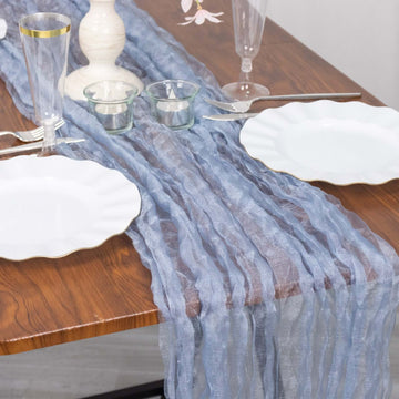 9ft Dusty Blue Sheer Crinkled Organza Table Runner, Premium Shimmer Chiffon Layered Table Runner