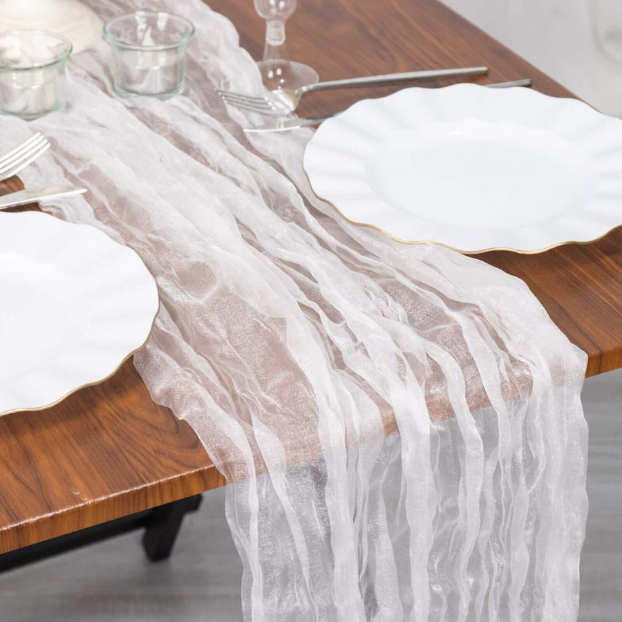 9ft White Sheer Crinkled Organza Table Runner, Premium Shimmer Chiffon Layered Table Runner