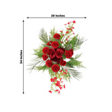 Red floral arrangement with roses and greenery, measuring 26x34 inches.
