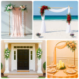 Wedding arch decorations with floral arrangements and draping fabric.