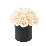 Ivory  Prearranged Rose Centerpiece Arrangement, 27pcs Roses with Black Round Gift Box#whtbkgd_99