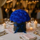 Royal Blue Prearranged Rose Centerpiece Arrangement, 27pcs Roses with Black Round Gift Box