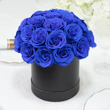 Royal Blue Prearranged Rose Centerpiece Arrangement, 27pcs Roses with Black Round Gift Box