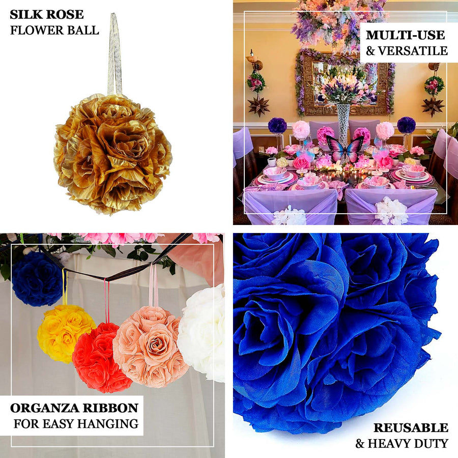 2 Pack 7" Royal Blue Artificial Silk Rose Kissing Ball, Faux Flower Ball