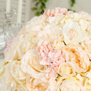 Elegant bouquet of soft pink and cream roses in a lush arrangement.