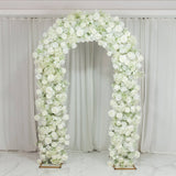 Elegant white flower arch wedding backdrop with roses and hydrangeas