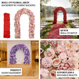 Roll-up floral arch with fabric backing and dense faux flower arrangement