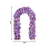 Purple floral arch with roses and lavender blossoms on a white background