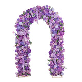 Purple floral arch with roses and lavender blossoms on a white background