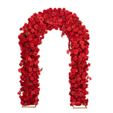 Red floral arch made of roses and mixed flowers on white background