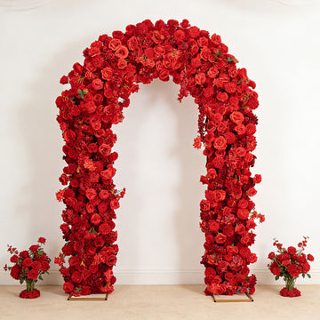 Artificial Flower Arch Backdrop Red 4ft x 8ft Silk Roses, Hydrangeas & Chrysanthemums for Round Top Double Arch Stand
