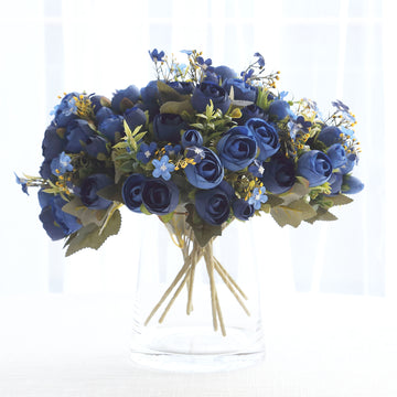 4 Pack 12" Artificial Navy Blue Ranunculus Silk Flower Bridal Bouquets, Faux Buttercup Floral Arrangement