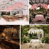 Hanging cherry blossom floral chandeliers styled over dining tables and garden venues