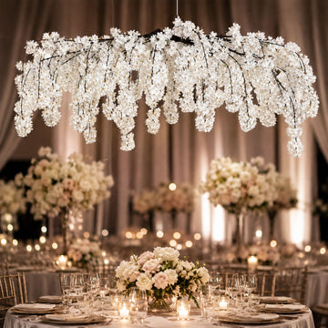 Cherry Blossom Hanging Floral Chandelier 60" White – Artificial Silk Flower Ceiling Canopy with Interchangeable Branches