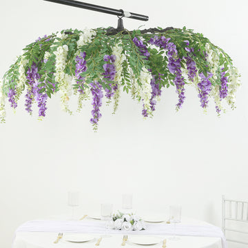 55" Cream Purple Artificial Silk Wisteria Vine Round Hanging Canopy, Draping Garland Flower Chandelier With Interchangeable Branches