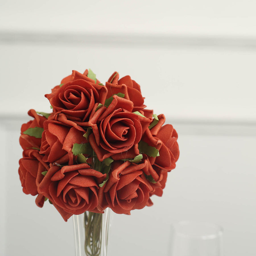 24 Roses 2inch Terracotta (Rust) Artificial Foam Flowers With Stem Wire and Leaves