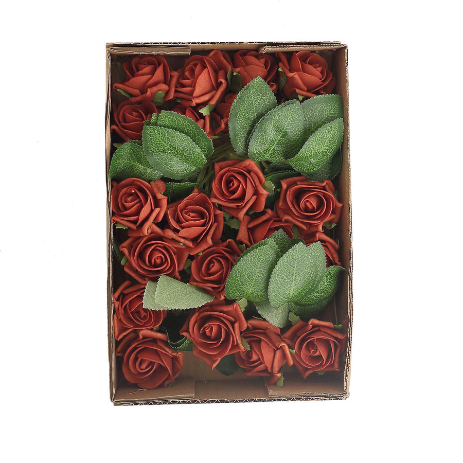 24 Roses 2inch Terracotta (Rust) Artificial Foam Flowers With Stem Wire and Leaves