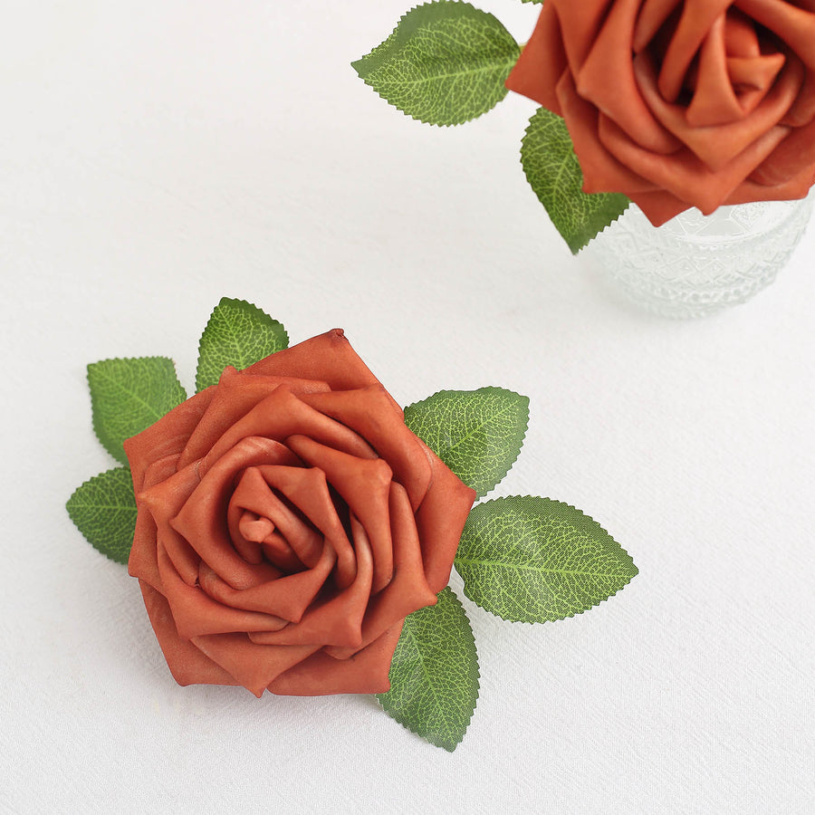 24 Roses 5inch Terracotta (Rust) Artificial Foam Flowers With Stem Wire and Leaves