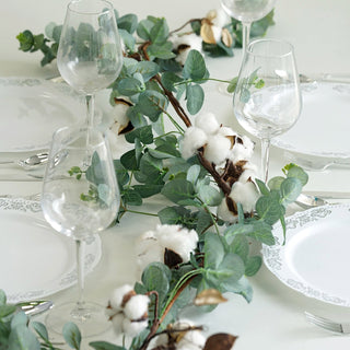 Enhance Your Décor with the Green Artificial Eucalyptus Leaf and White Cotton Ball Garland Vine