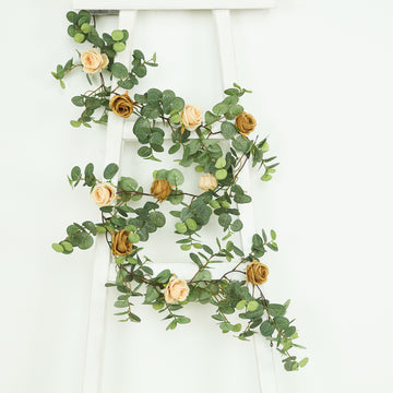 6ft Artificial Eucalyptus Garland with Cream/Gold Silk Roses – Faux Greenery Vine