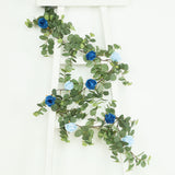 6ft Artificial Eucalyptus Garland with Royal Blue/Light Blue Silk Roses