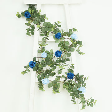 6ft Artificial Eucalyptus Garland with Royal Blue/Light Blue Silk Roses – Faux Greenery Vine