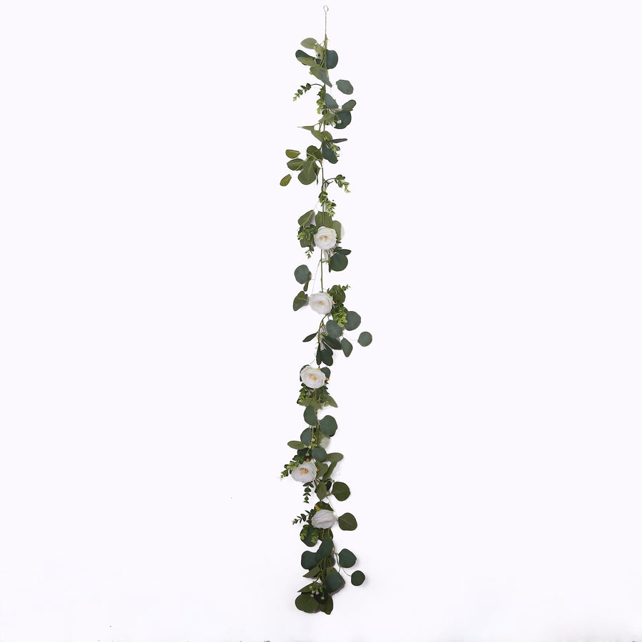  Artificial Eucalyptus Leaf Hanging Vines With 7 White Rose Flower Heads, Floral Greenery#whtbkgd