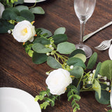  Artificial Eucalyptus Leaf Hanging Vines With 7 White Rose Flower Heads, Floral Greenery Table