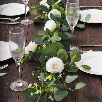 5.5ft Artificial Eucalyptus Leaf Hanging Vines With 7 White Rose Flower Heads, Floral Greenery Table Garland