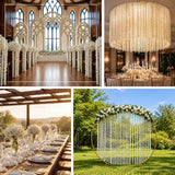 Luxury white floral wedding decor with arches, chandelier, tables, and backdrop
