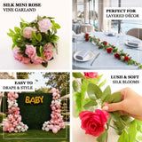 Artificial silk rose vine garland with lush mini blooms and leafy greenery for weddings, parties,...