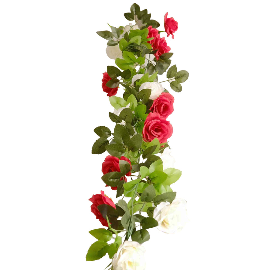 2 Pack 7ft Red Ivory Artificial Silk Flower Garland Rose Vines 26 Flower Heads