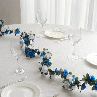 White Royal Blue Artificial Silk Rose Flower Garland