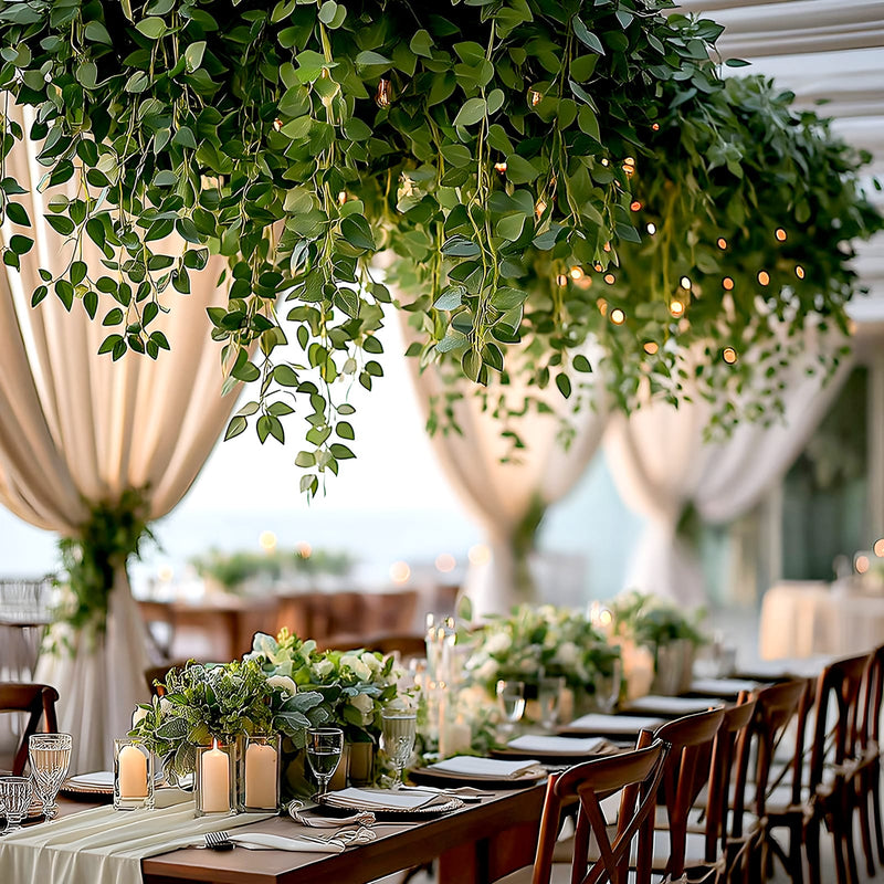 Green hanging foliage with warm string lights