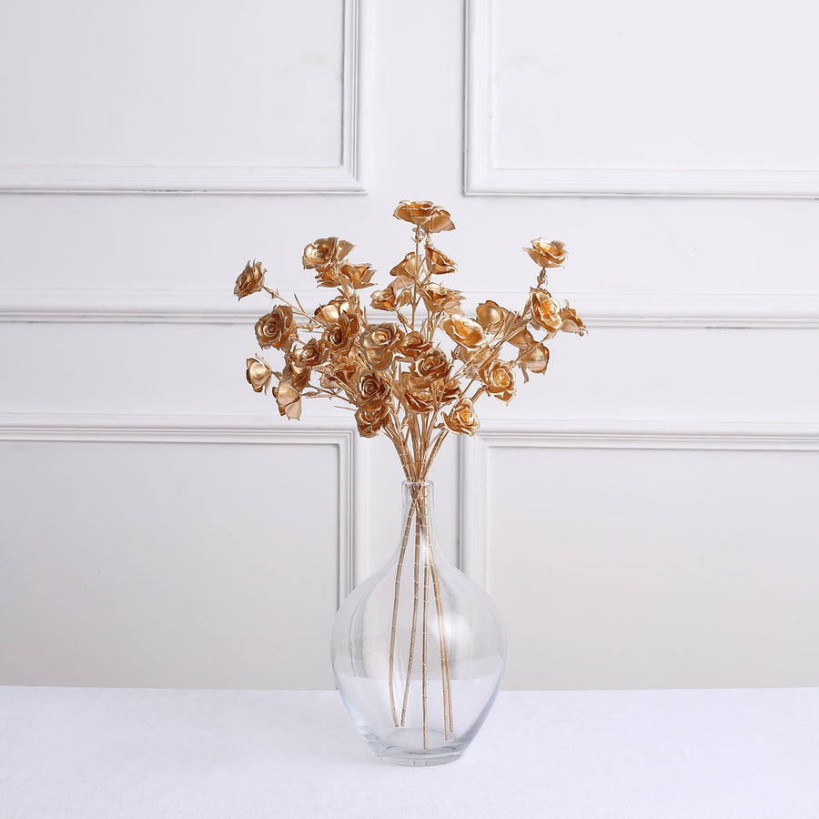 3 Pack Metallic Gold Decorative Faux Rose Flower Branches, Artificial Floral Sprays - 22inch
